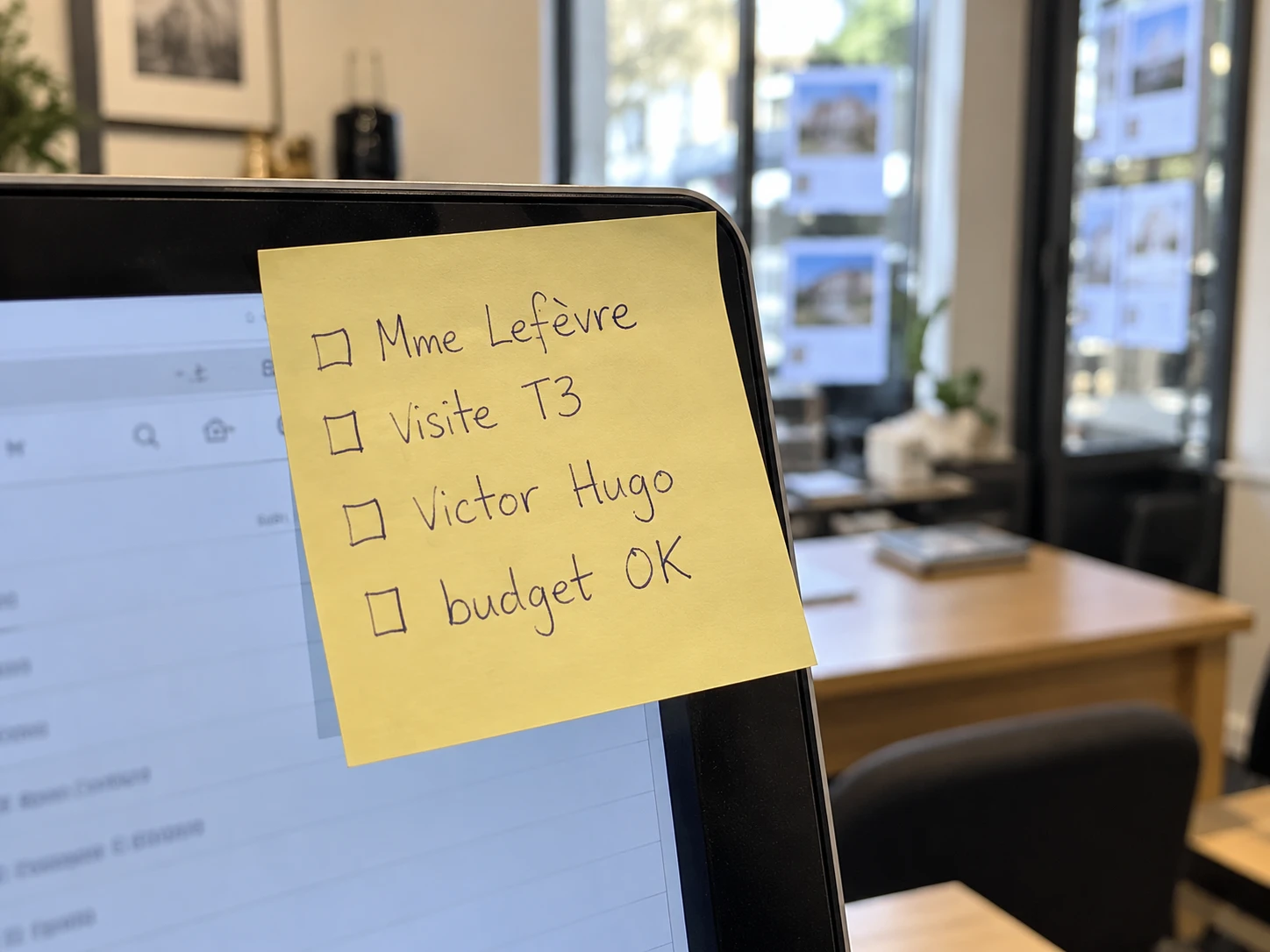 Post-it jaune collé sur un écran d'ordinateur : Mme Lefèvre, visite T3, Victor Hugo, budget OK