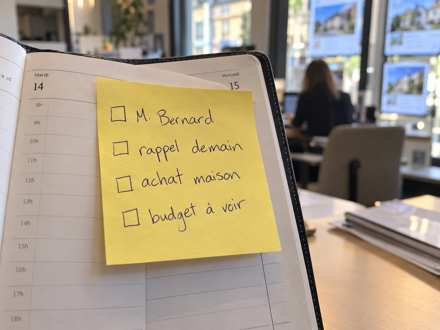 Post-it jaune posé sur un agenda : M. Bernard, rappel demain, achat maison, budget à voir
