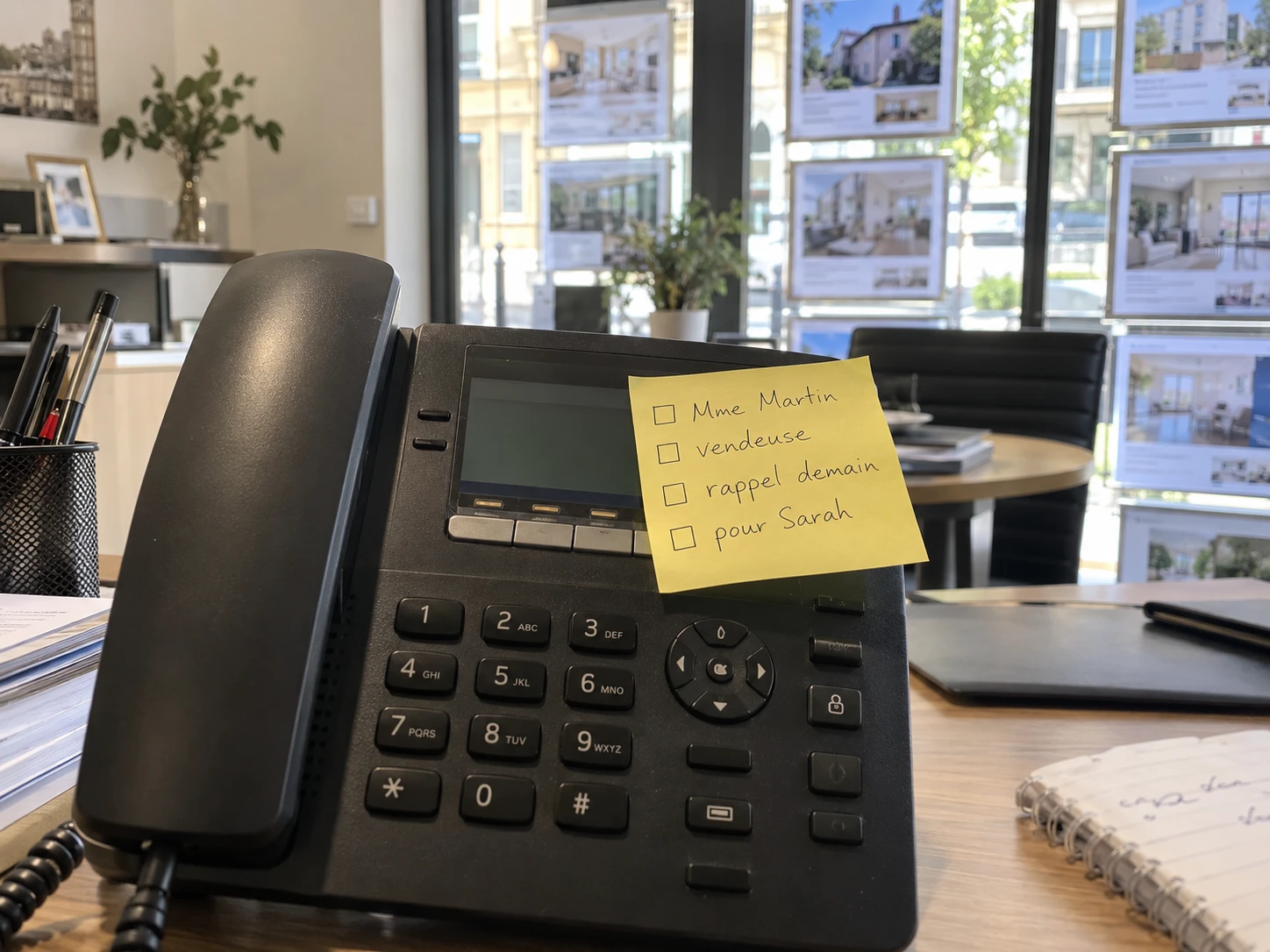 Post-it jaune sur un téléphone de bureau d'agence : Mme Martin, vendeuse, rappel demain, pour Sarah