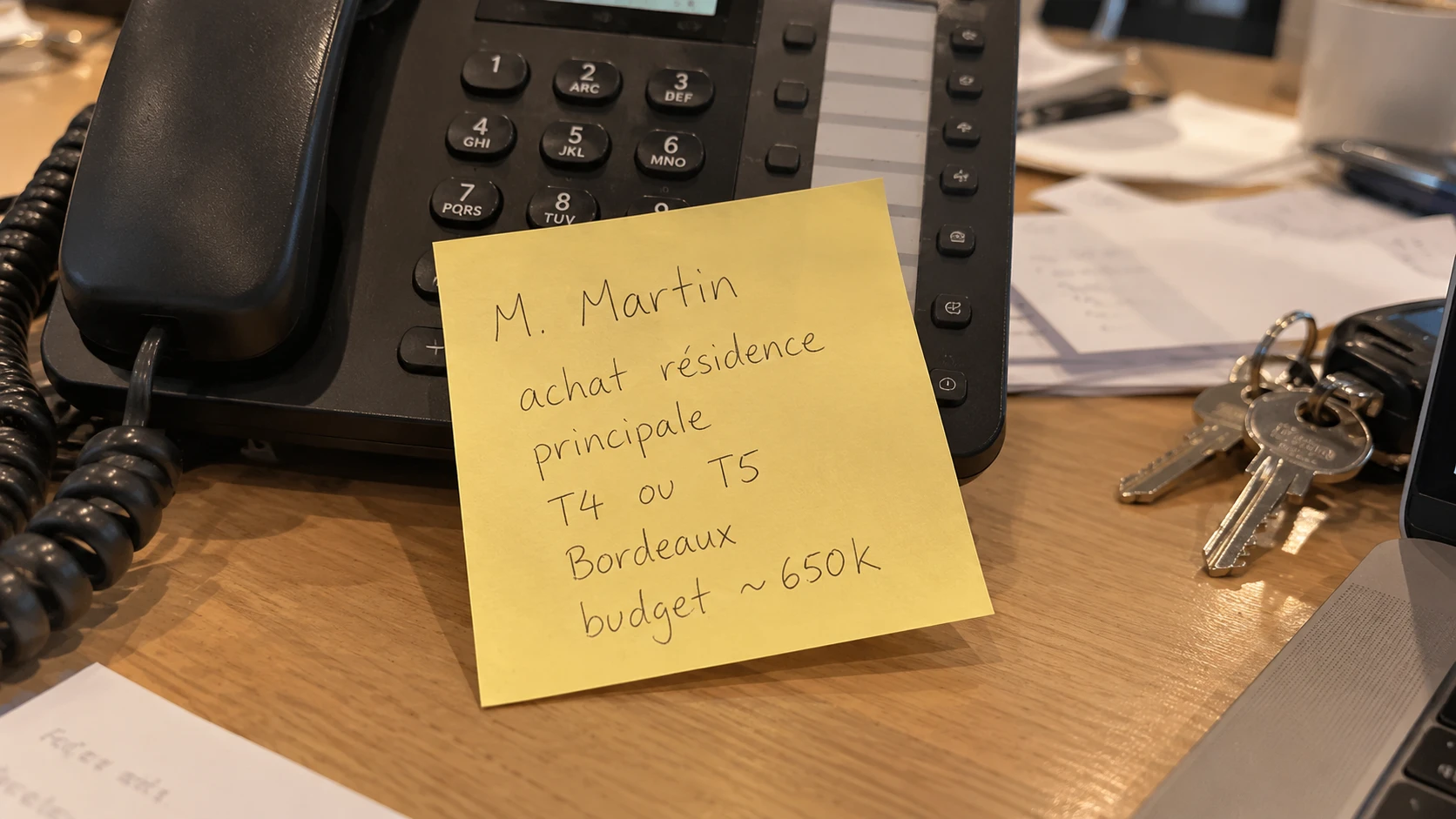 Post-it jaune posé près d'un téléphone : M. Martin, achat résidence principale, T4 ou T5, Bordeaux, budget environ 650 000 euros